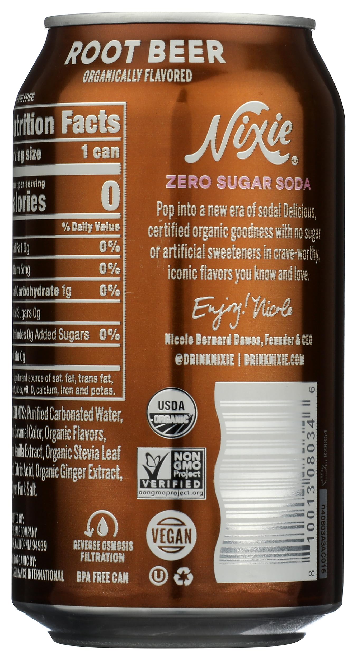 Nixie Organic Zero Sugar Soda, Root Beer, 0 Sugar, 0 Calories, Healthy Soda Pop, Non-GMO, Caffeine Free, 12oz Can (1 Count)