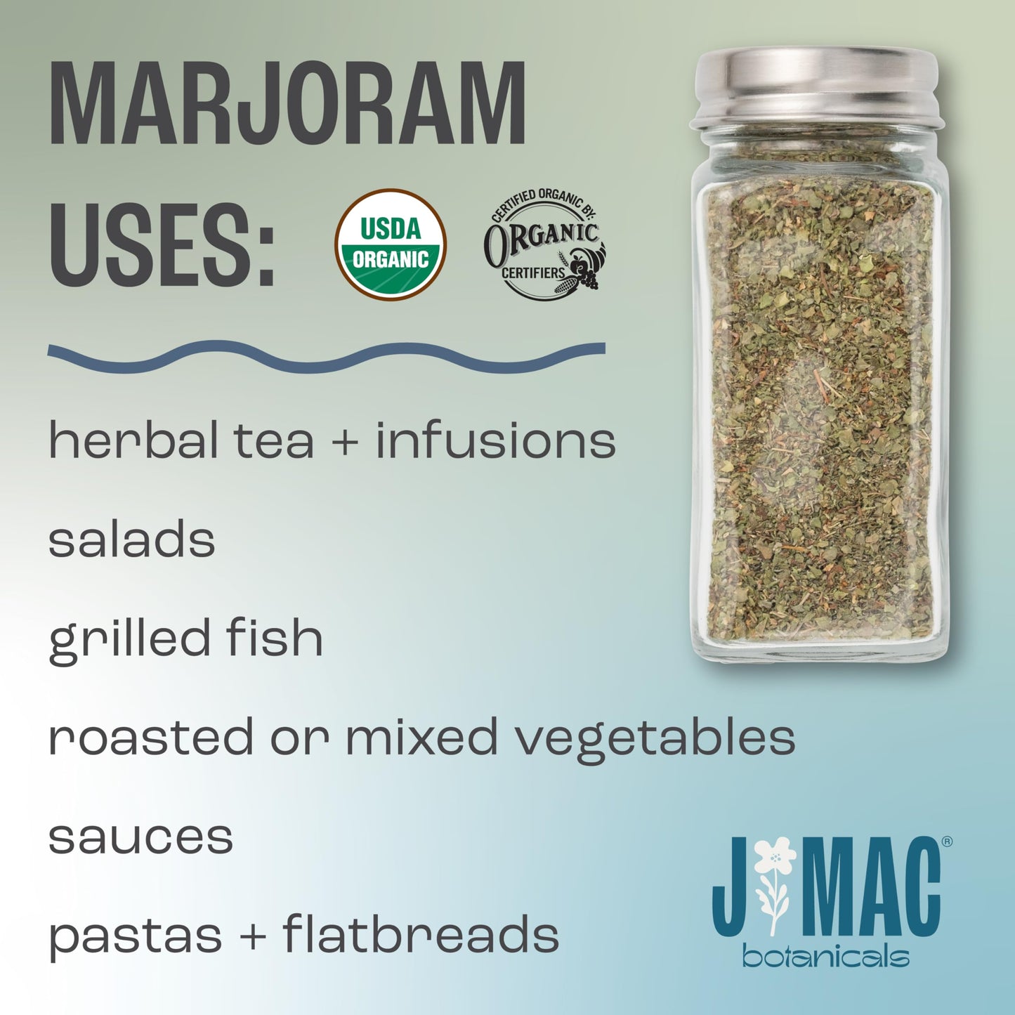 J Mac Botanicals Organic Marjoram (2 oz), dried herb, great for cooking and herbal tea