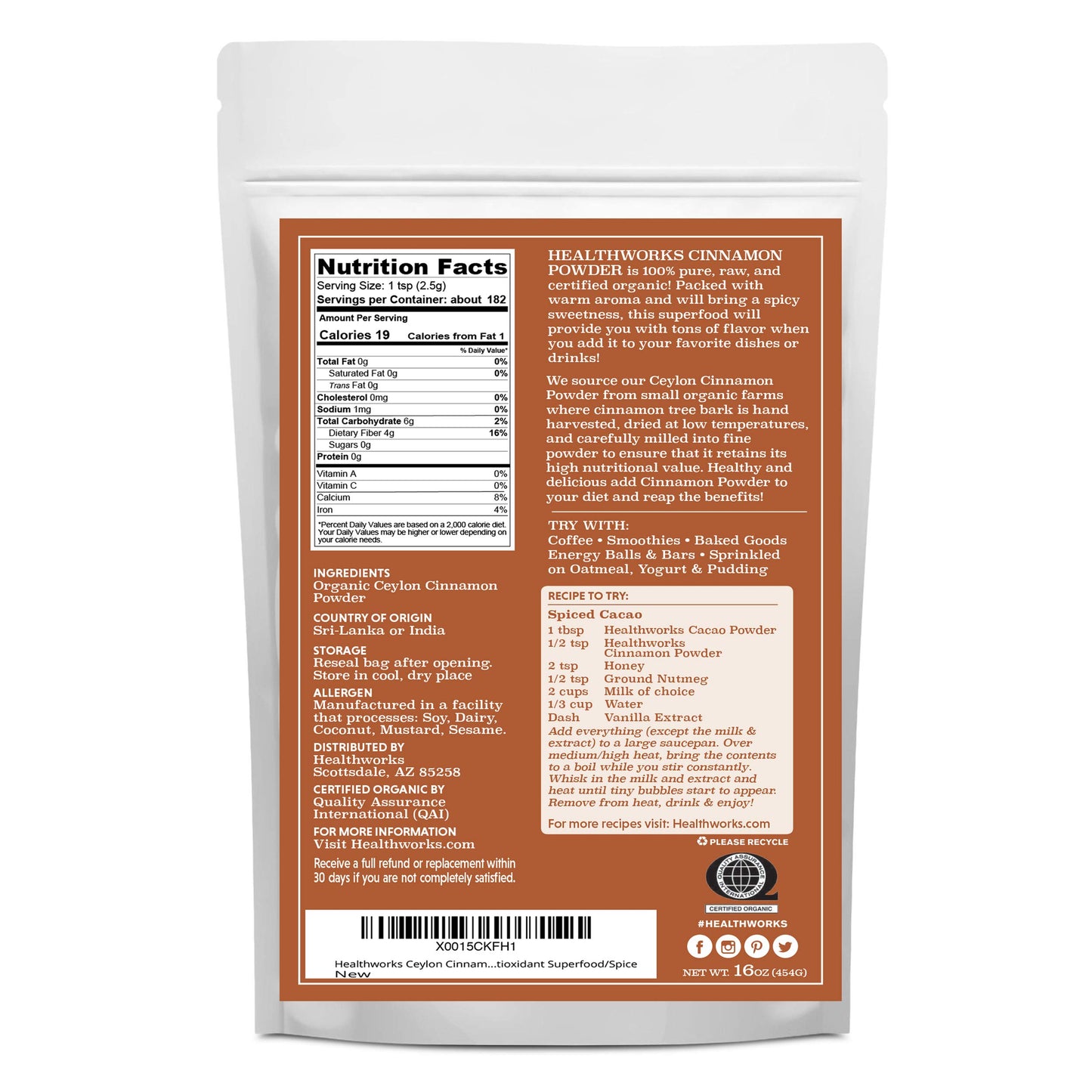 Healthworks Superfoods Organic Ceylon Cinnamon Powder - 16 Oz / 1 Lb - Ground Raw - Keto, Vegan & Non-GMO - Great with Coffee, Tea & Oatmeal