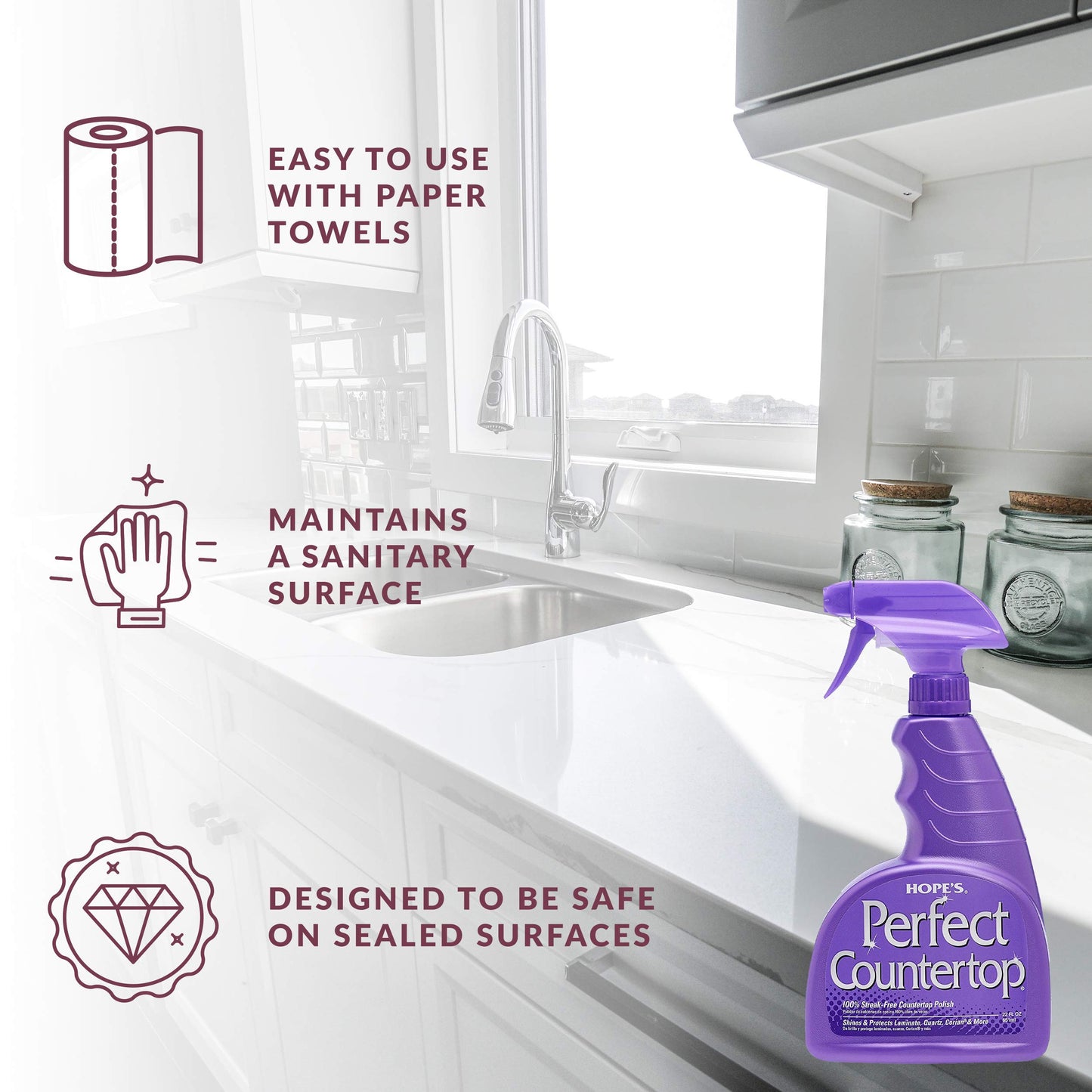 HOPE'S Perfect Countertop Cleaner and Polish 22-Ounce, Streak-Free Multi-Surface Cleaning Spray, Safe on Stone, Laminate, CORIAN, Granite, Quartz