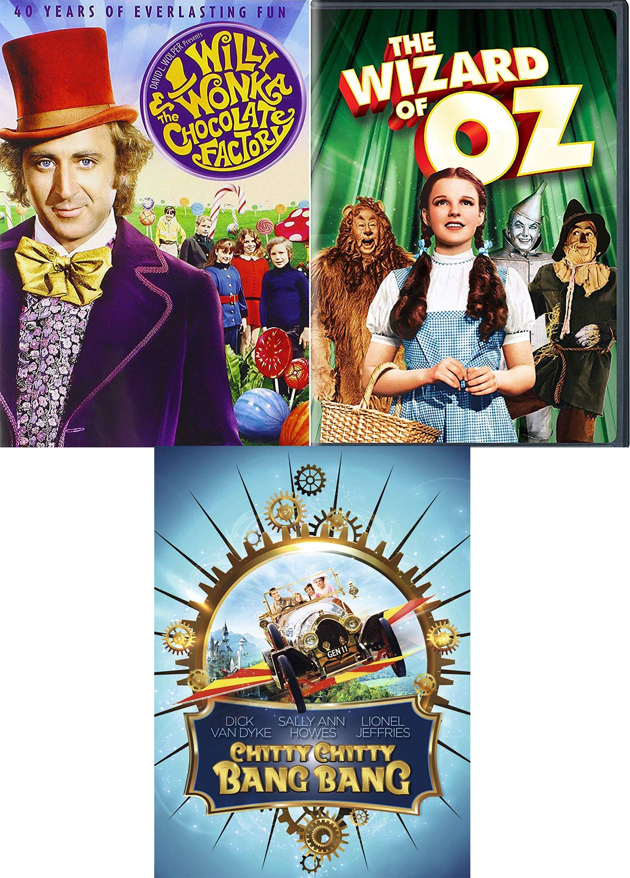 A Magical Car Wizard & Candy Triple Family Musical Adventure Willy Wonka Chocolate Factory + Chitty Chitty Bang Bang & Wizard of Oz Classic DVD Family