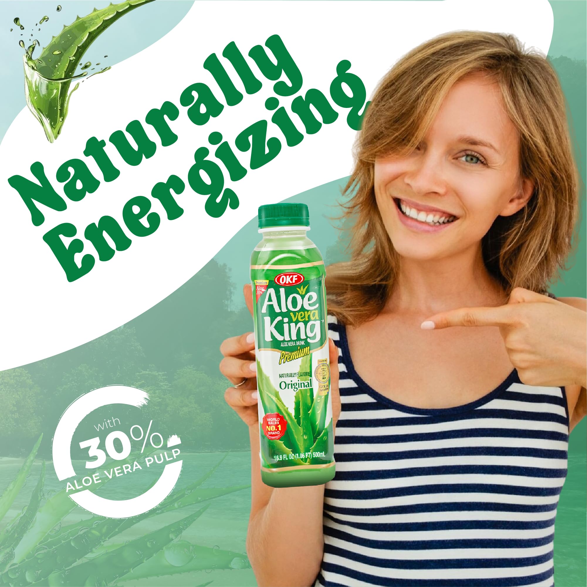 OKF CORPORATION Aloe Vera King Drink with Pure Aloe Pulp, Variety Flavors, 16.9 oz. (Original, Pack of 20), Korean Premium Health Beverage