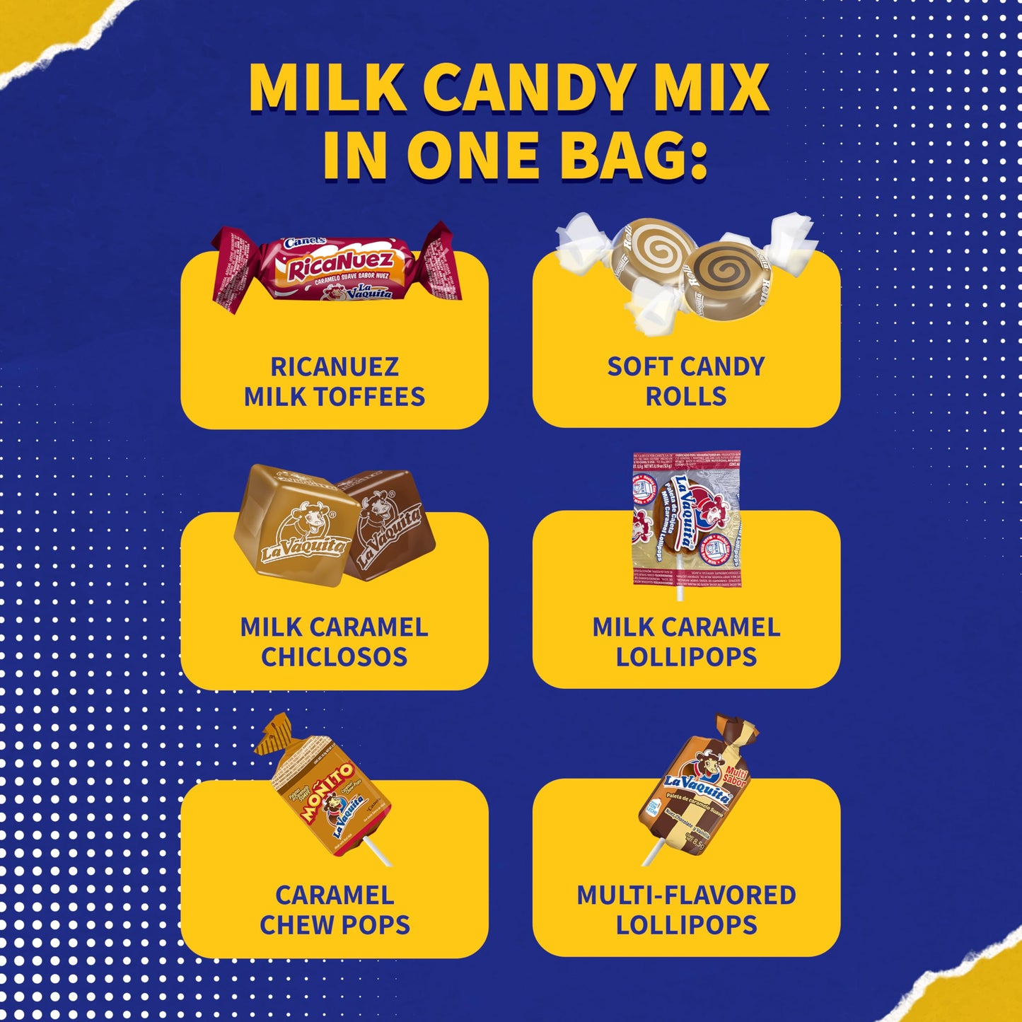 Canel's La Vaquita Assorted Milk Candy Mix, with Caramels, Coconut, Chocolate, and Pecan, Soft and Hard Candy and Lollipops, for Parties and Sharing
