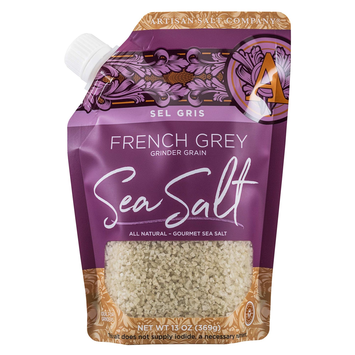 SALTWORKS Artisan Salt Company Sel Gris French Grey Sea Salt, Grinder Grain, Pour Spout Pouch, 13 Ounce