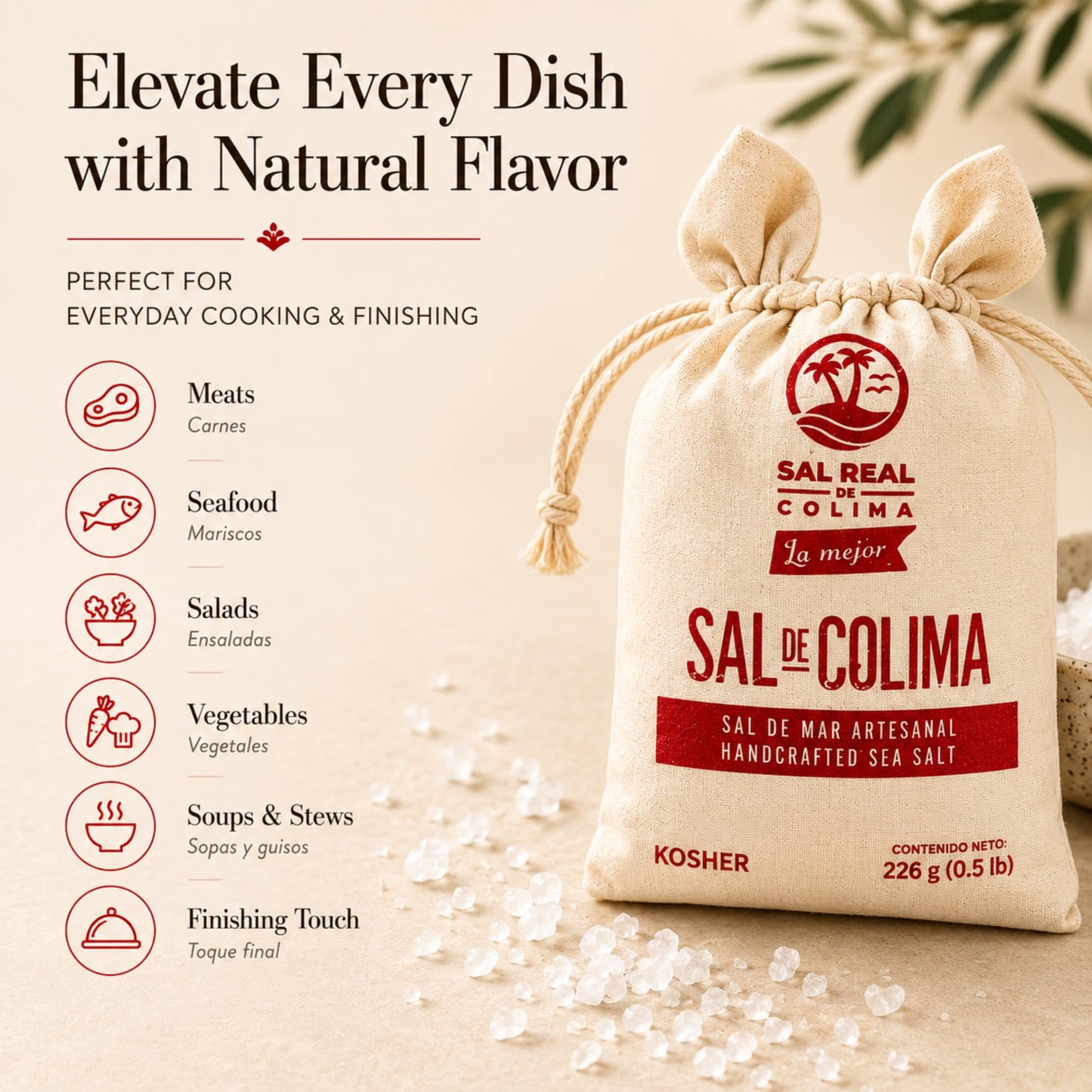 Sal de Colima Handcrafted Sea Salt Kosher 226g (0.5 lb) | Sal de Mar Artesanal Mexicana Natural | Gourmet Cooking Salt, Mineral Rich, Unrefined Sea