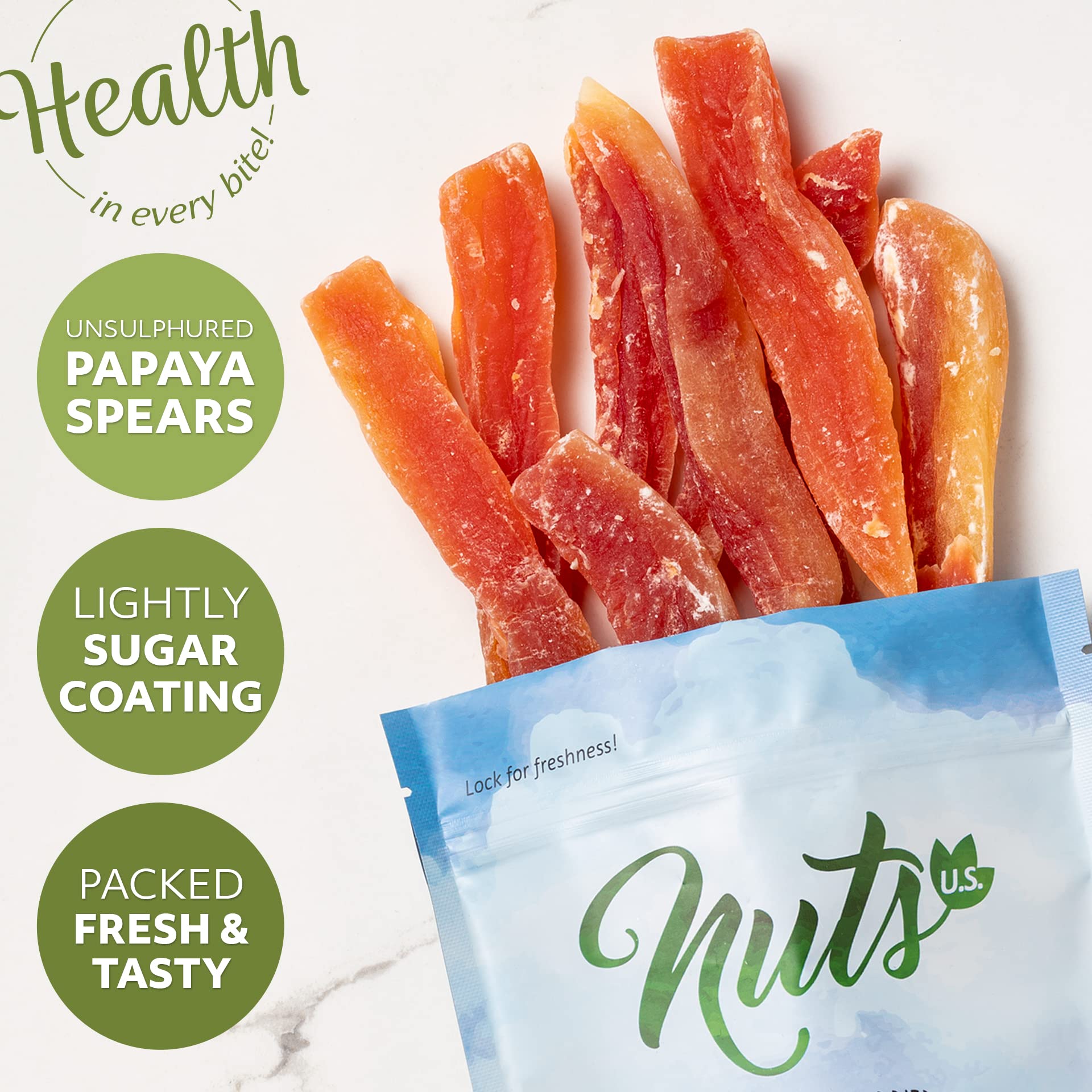 NUTS U.S. - Dried Papaya Spears (Unsulphured) | Low Sugar. Lightly Sugar Coated | No Color Added | Packed in a Resealable Bag (2 LBS)
