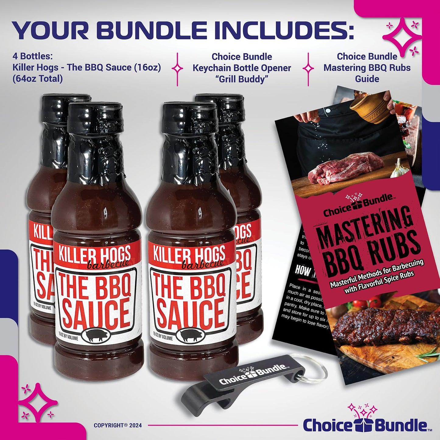 Killer Hogs The BBQ Sauce Memphis Style 4 pk (64 oz) Great to Dip Toss Glaze & More + Barbecue Masters & Bottle Opener (6 Items)!