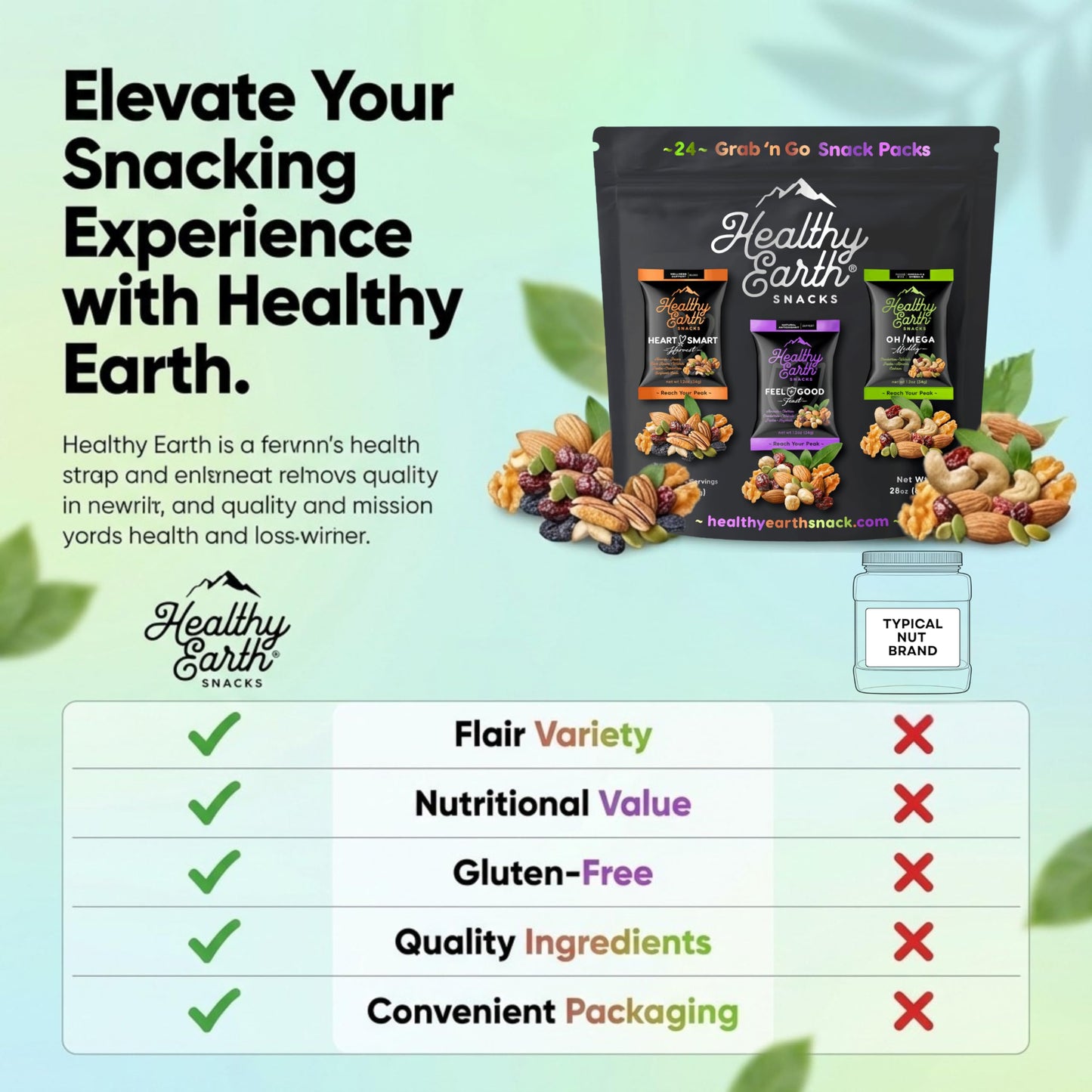 Healthy Earth Snacks 3 Flavors Variety Pack, 24 Count | Mixed Nuts & Dried Fruits Gourmet Snacks, Gluten-Free | 8 Packets Per Flavor: Heart Smart