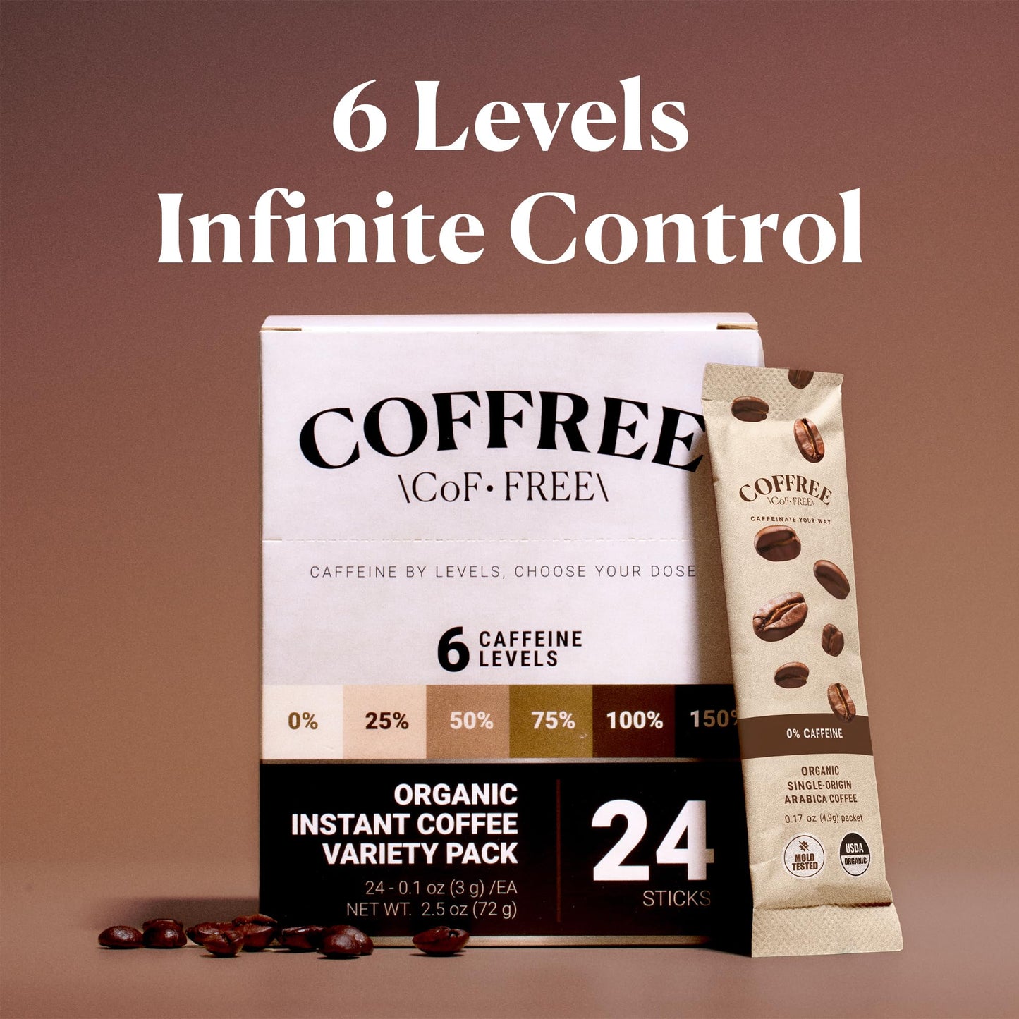 COFFREE Organic Instant Coffee Packets - Mold Free, Low Acid, Single-Origin Arabica - Individual Single Serve Coffee Sticks - Easy for Travel, Camping