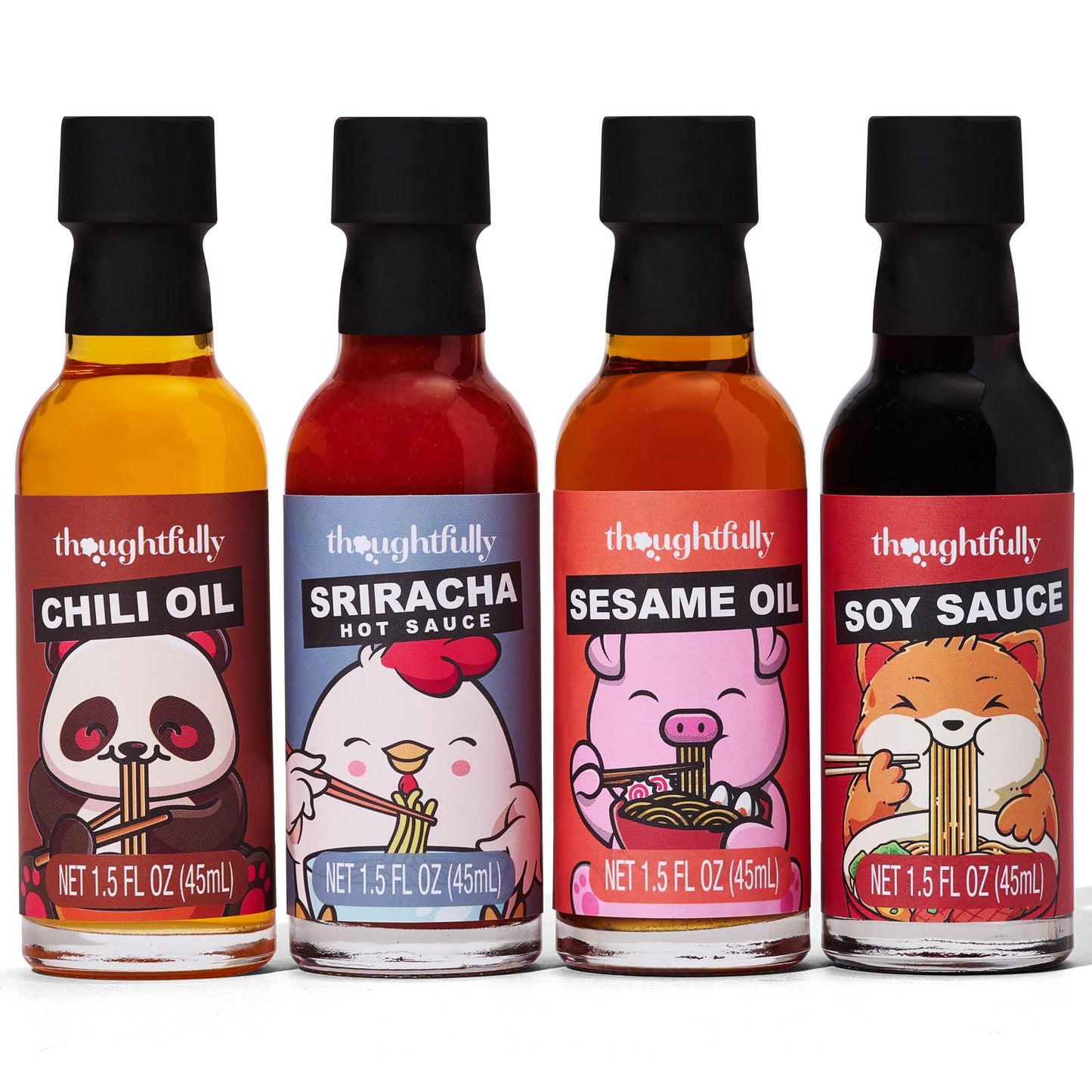 Thoughtfully Gourmet, Ramen Spicy Oils and Sauces, Includes Sesame Oil, Chili Oil, Soy Sauce, and Sriracha Flavored Seasonings, Set of 4