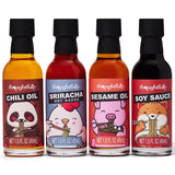 Thoughtfully Gourmet, Ramen Spicy Oils and Sauces, Includes Sesame Oil, Chili Oil, Soy Sauce, and Sriracha Flavored Seasonings, Set of 4