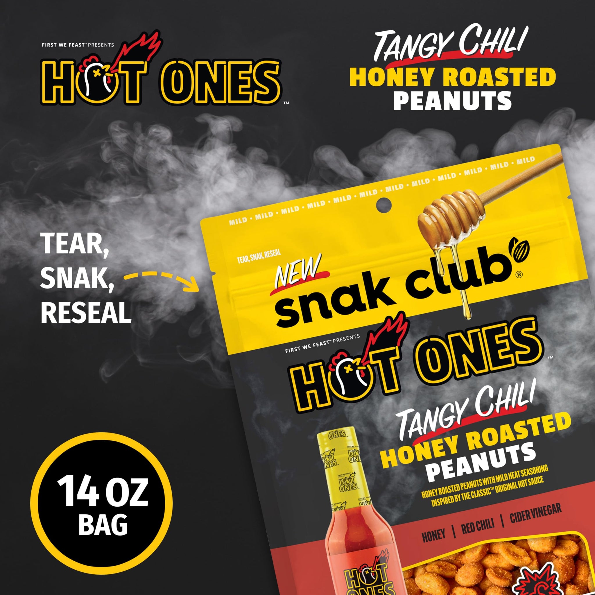 Snak Club x Hot Ones Honey Roasted Peanuts, Tangy Chili, Spicy Nuts, Inspired by Hot Ones, Vegan Snack, 14 oz Resealable Bag