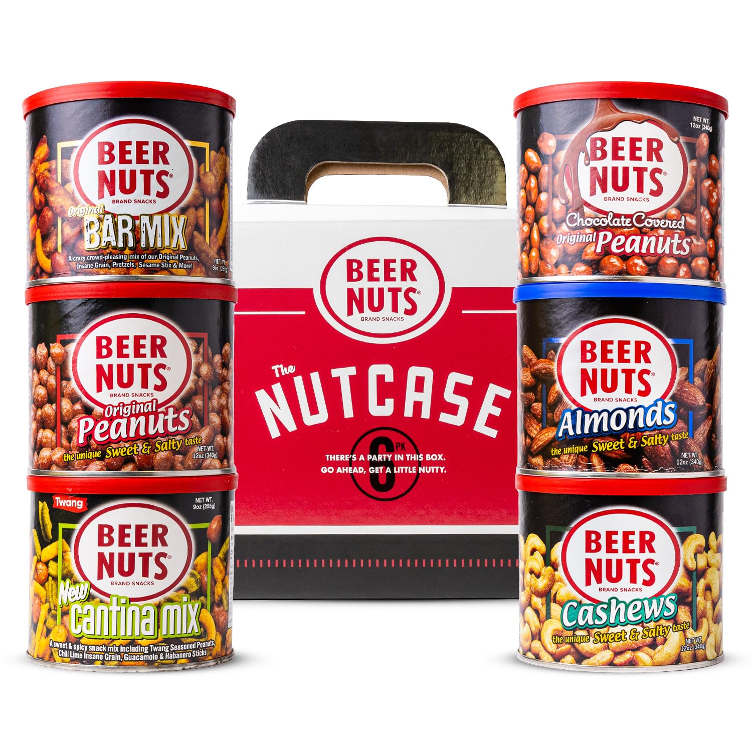 Beer Nuts Brand Snacks, Original Nutcase, Perfect for Gifting, Original Peanuts, Original Bar Mix, Cashews, Almonds, Sweet & Spicy Bar Mix, Resealable