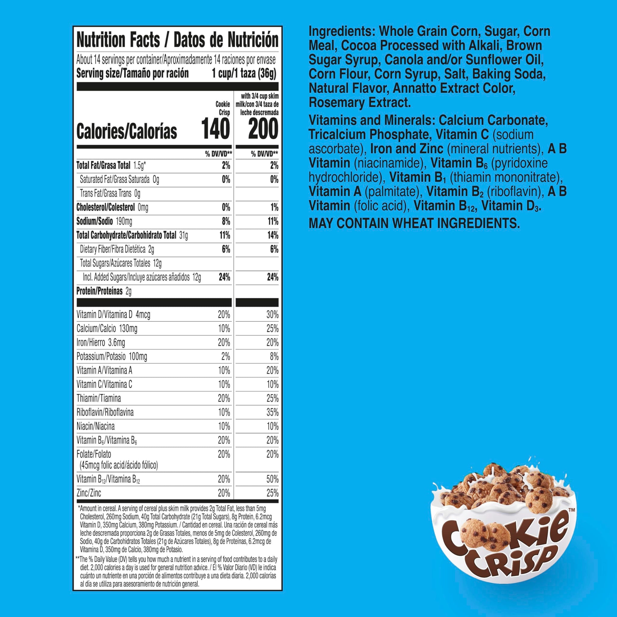 Cookie Crisp Breakfast Cereal, Chocolate Chip Cookie Taste, Made with Whole Grain, Family Size, 18.3 oz