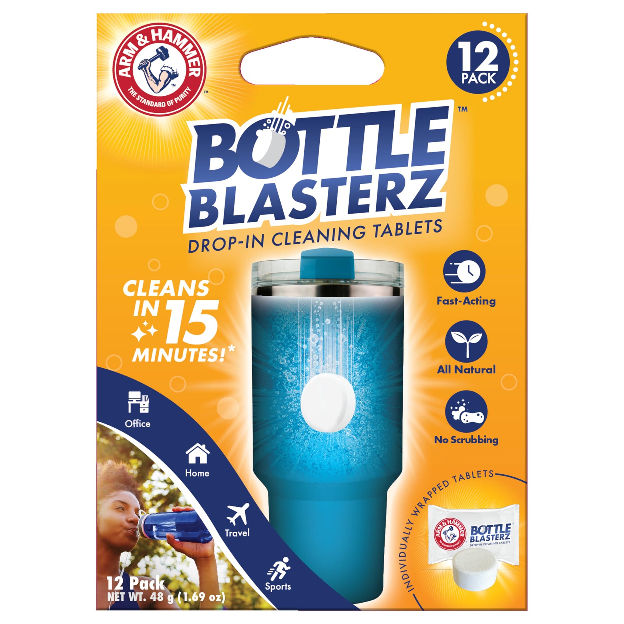 Arm & Hammer Bottle Blasterz - Drop-In Cleaning Tablets - Perfect for Water Bottles, Tumblers, and Coolers - All-Natural Ingredients, Eliminates