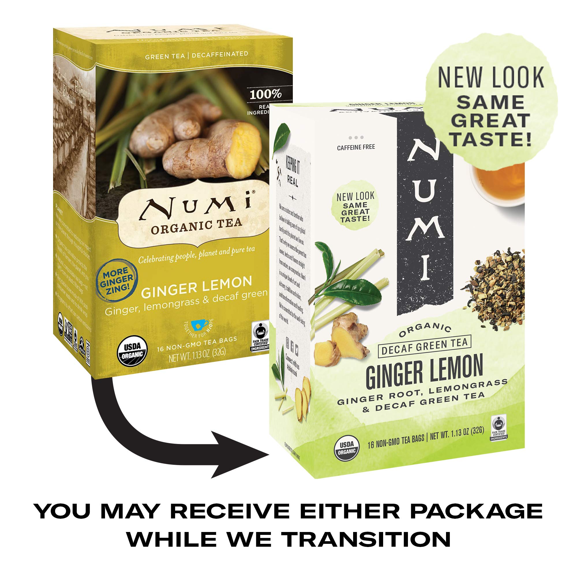 Numi Organic Ginger Lemon Decaf Tea, 96 Green Tea Bags with Ginger Root and Lemongrass