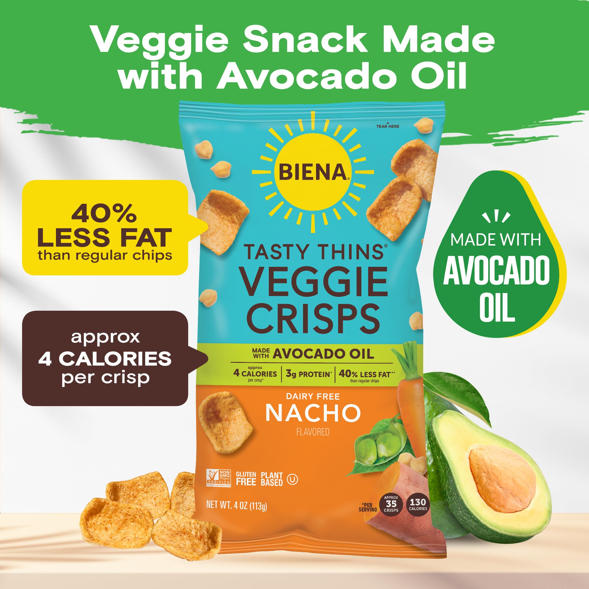 BIENA Tasty Thins Veggie Crisps - Made with Avocado Oil - Nacho, 4-Pk 4oz Bags - Chickpeas & Veggies, Vegan, Gluten Free, Dairy-Free, Non-GMO