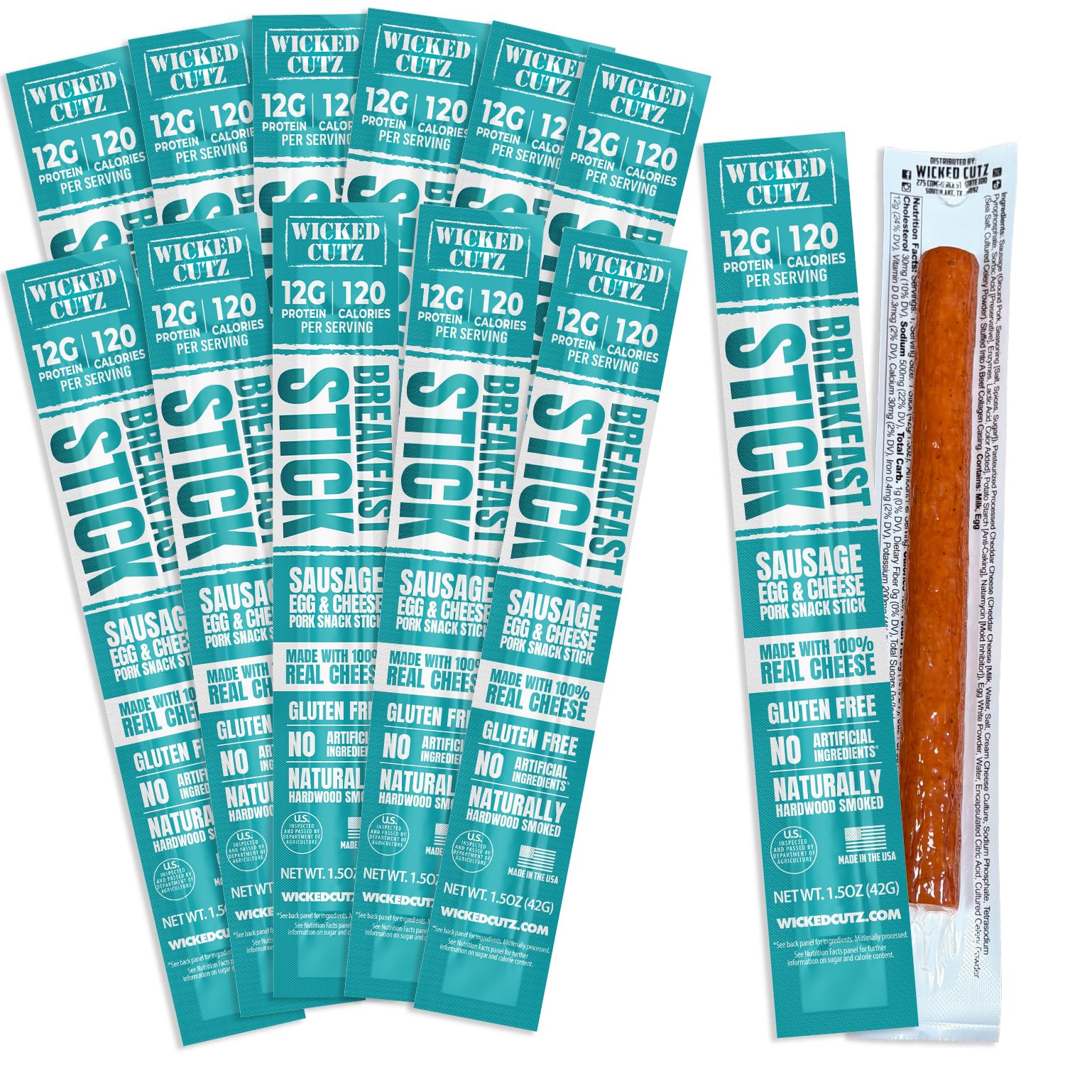 Wicked Cutz Sausage Egg and Cheese Stick, 12g Protein Per Gluten Free Breakfast Stick, USA Made High Protein Carnivore Snacks, Breakfast Meat Sticks