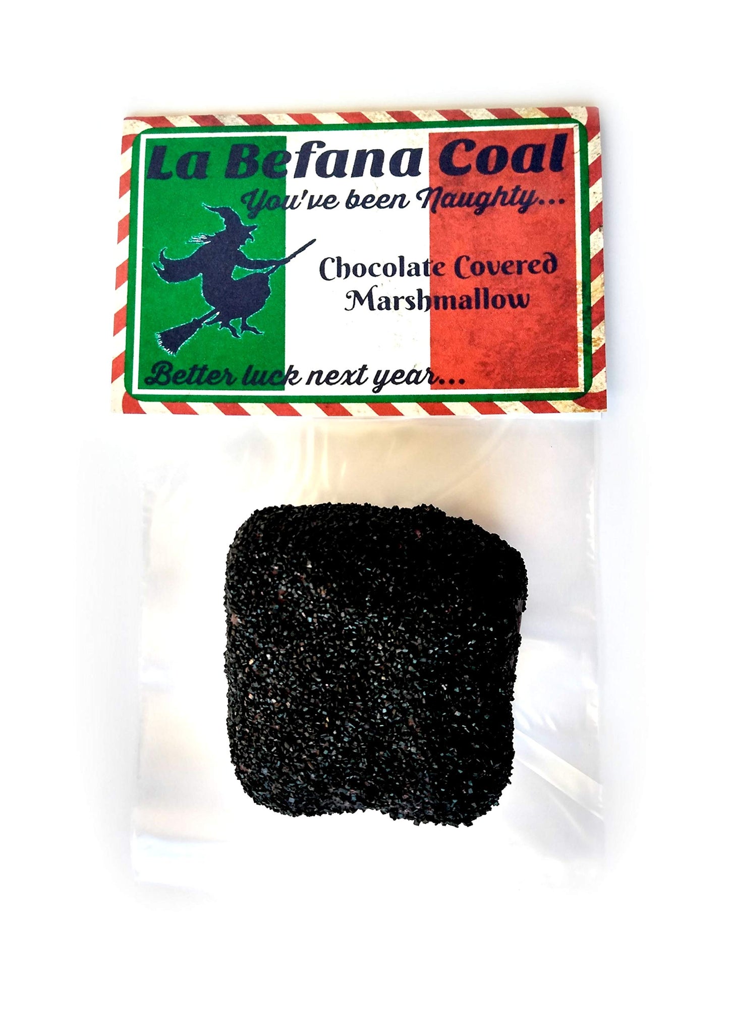La Befana Coal Italian Christmas Witch Broom Holiday Tradition Epiphany Italy Italia Novelty Gag Gift Stocking Stuffer Chocolate Covered Marshmallow
