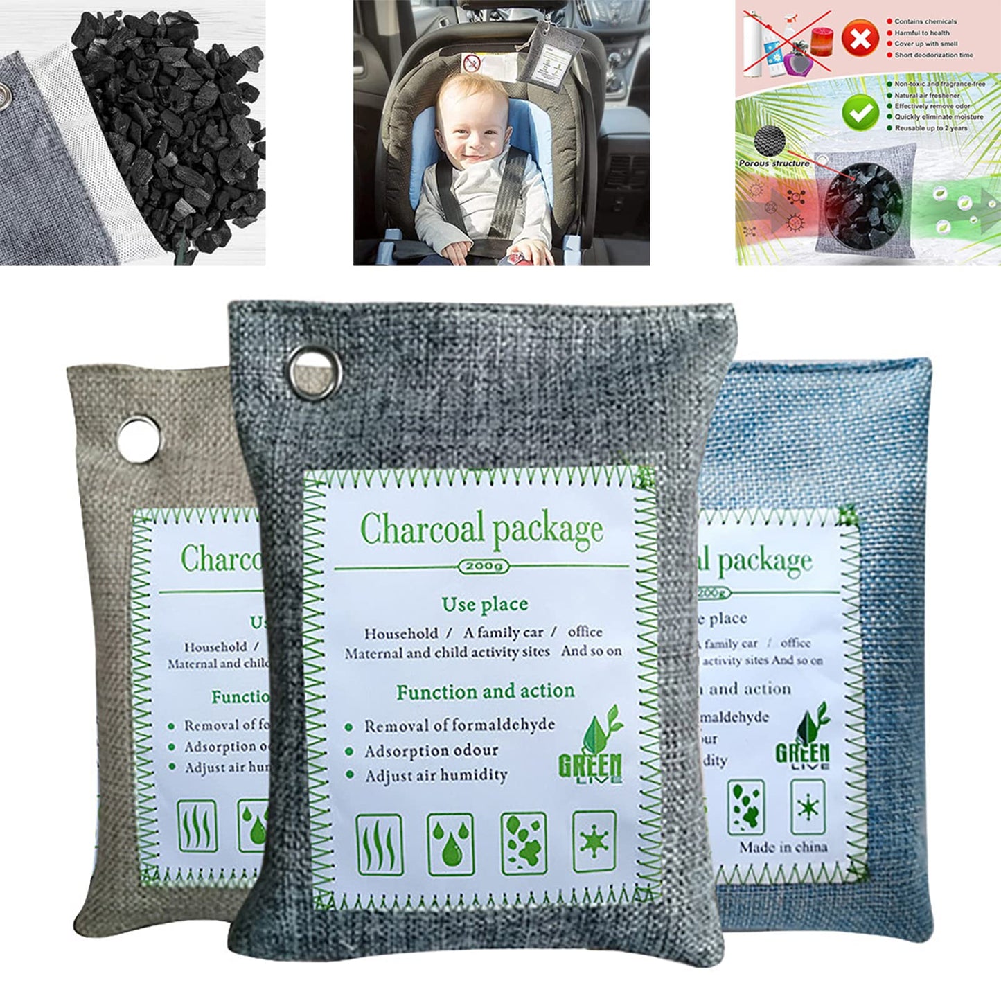 Bamboo Charcoal Bags Odor Absorber, 2 Packs 200g Charcoal Deodorizer Bags with Hooks, Nature Bamboo Charcoals Air Purifying Bags Activated Charcoals