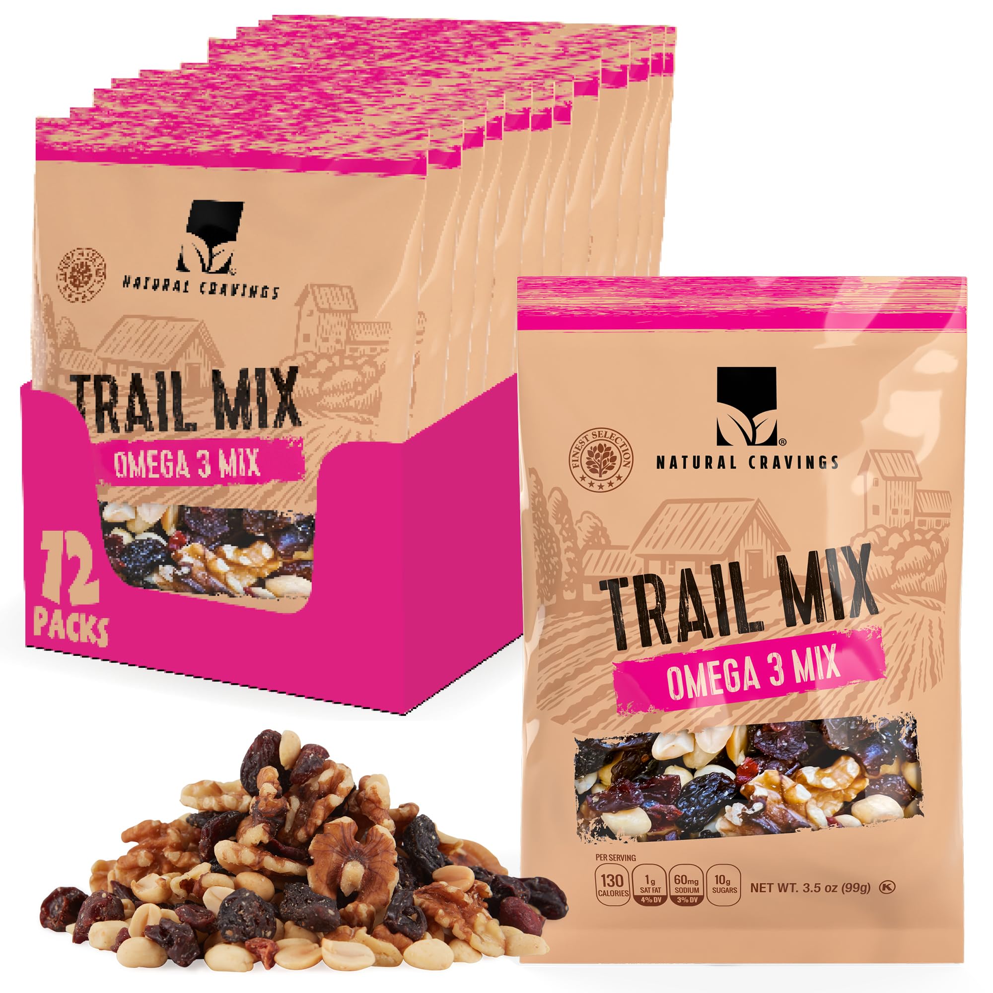 Natural Cravings Trail Mix Snack Packs - Individual 3.5 oz Bags of Trail mix - Omega 3 Dried Fruit Mix & Assorted Nuts Mix with Dry Cranberries