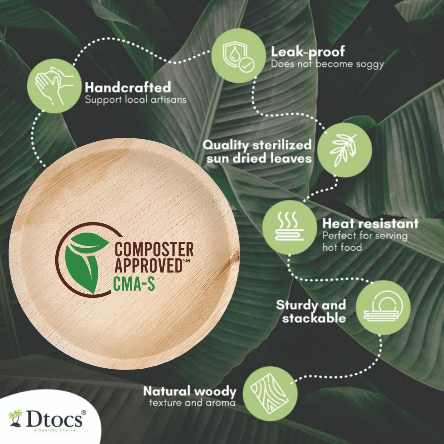 Dtocs Palm Leaf Plates 7 Inch Round (50) | Bamboo Plates Disposable Look Compostable Dinnerware Sets for Cocktail, Appetizer, Dessert, Mini