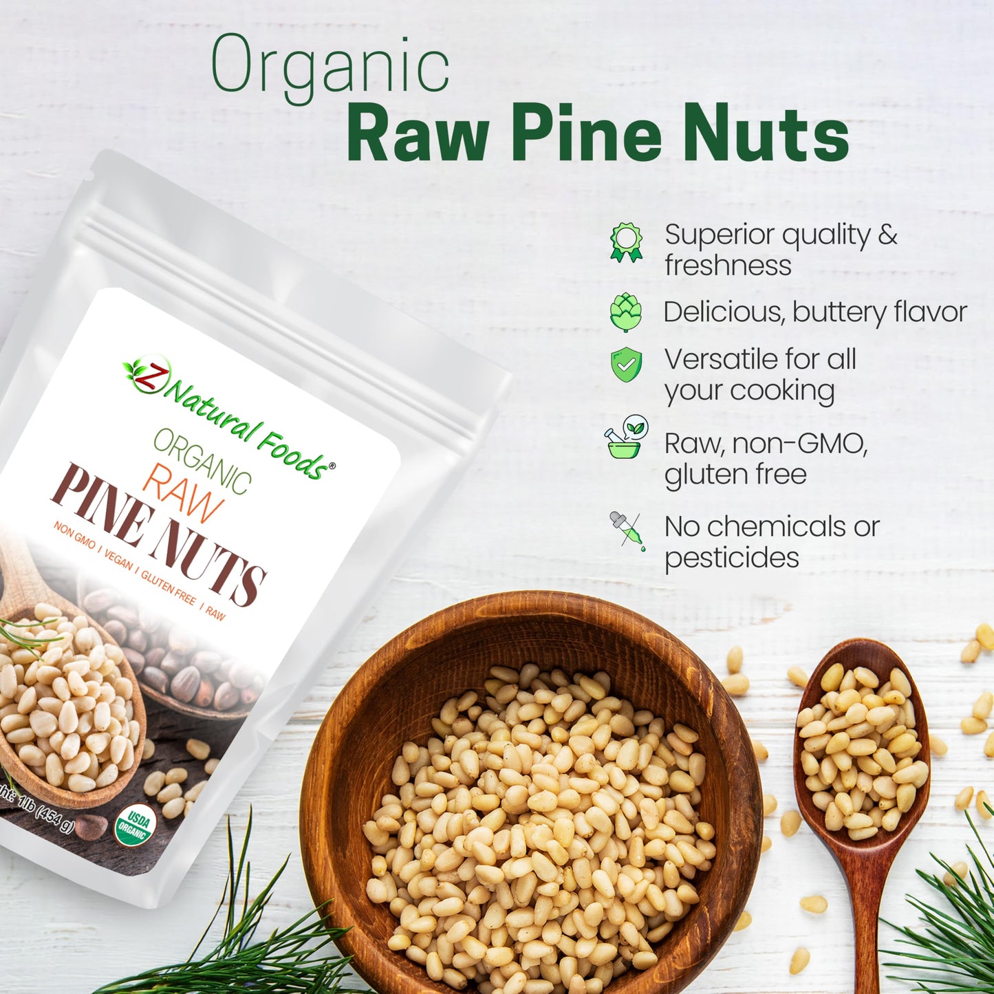 Z Natural Foods Organic Pine Nuts - Raw Nutrient-Dense Superfood Packed in Airtight Foil Pouches - Pure Pine Nut for Pesto, Trail Mix, Salad & Recipes