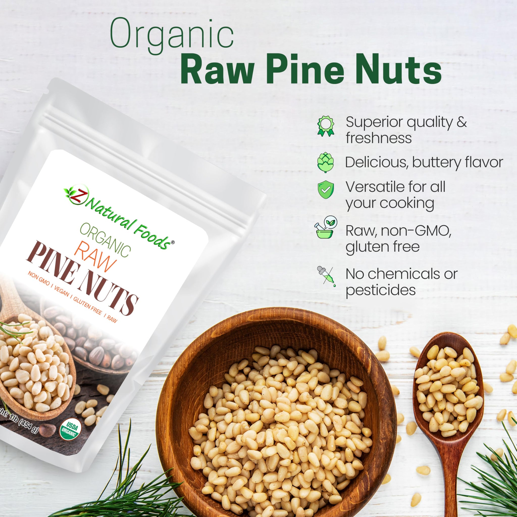 Z Natural Foods Organic Pine Nuts - Raw Nutrient-Dense Superfood Packed in Airtight Foil Pouches - Pure Pine Nut for Pesto, Trail Mix, Salad & Recipes
