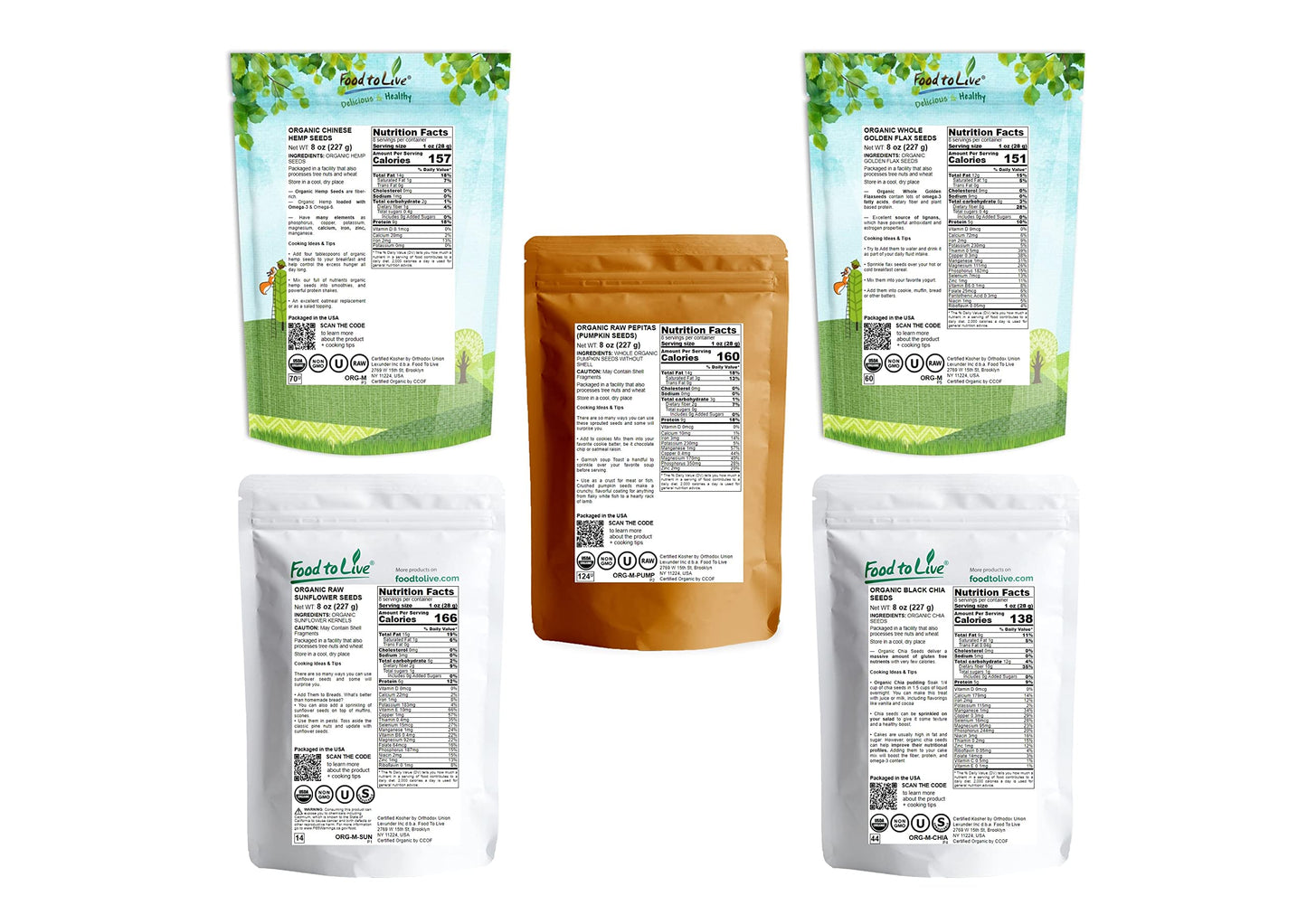 Food to Live Organic Omega-3 Seeds in a Gift Box - A Variety Pack of Sunflower, Pumpkin, Chia, Golden Flax, and Hemp Seeds