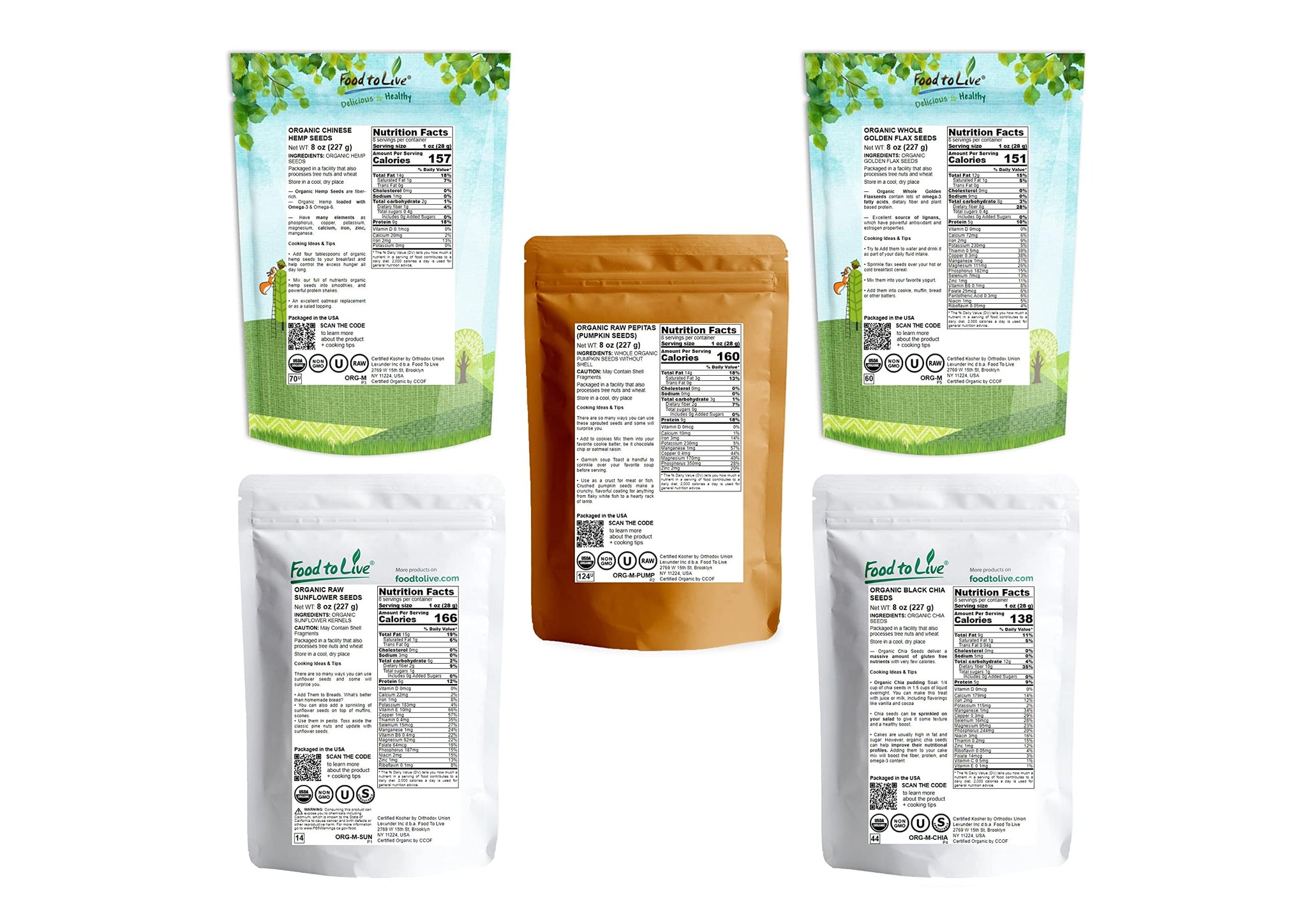 Food to Live Organic Omega-3 Seeds in a Gift Box - A Variety Pack of Sunflower, Pumpkin, Chia, Golden Flax, and Hemp Seeds