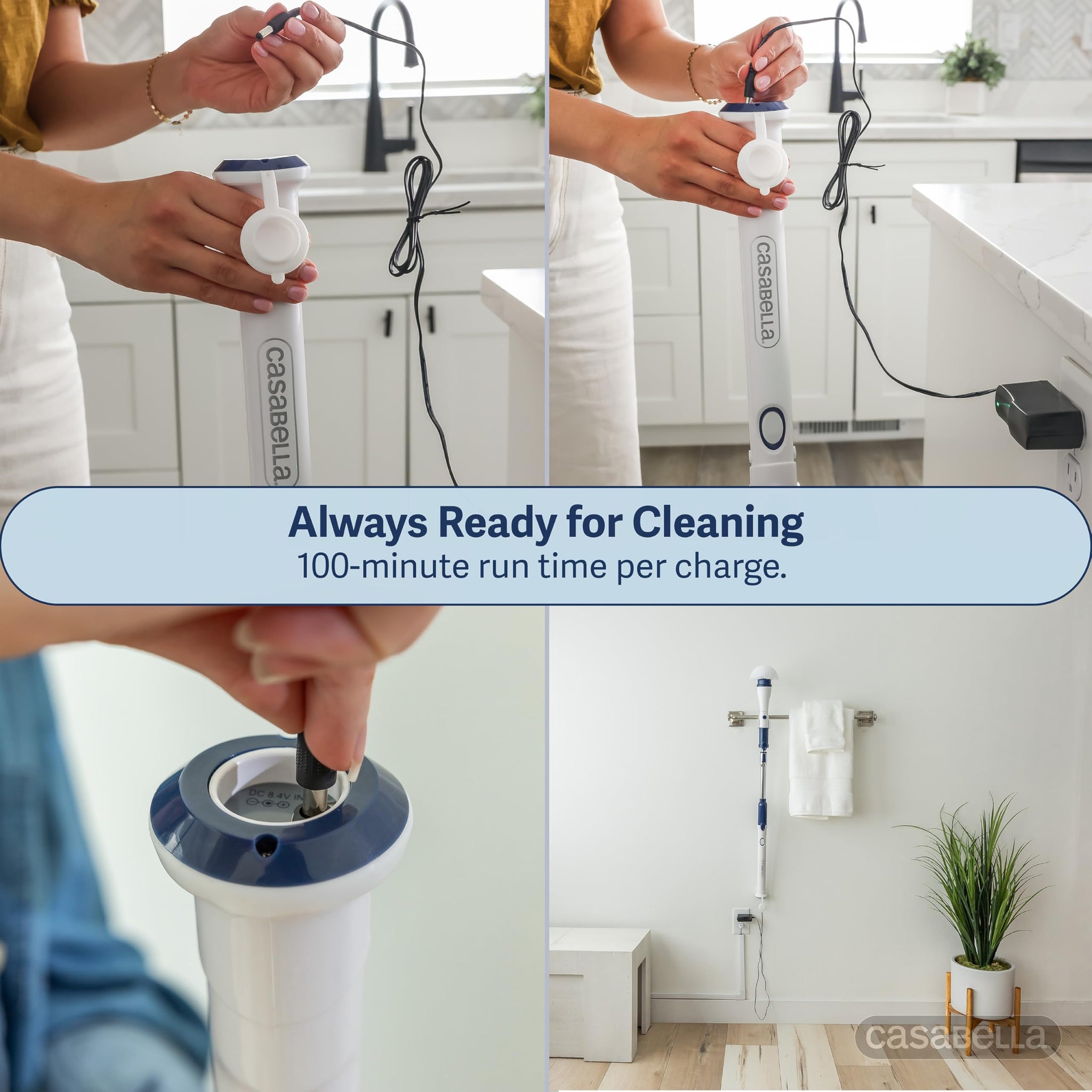 Casabella Power Spin Scrubber, Extendable to 47.5” - Cordless Electric Cleaner for Shower, Kitchen, Bathroom, Tile, Tub, Car, Deck - Rechargeable Spin