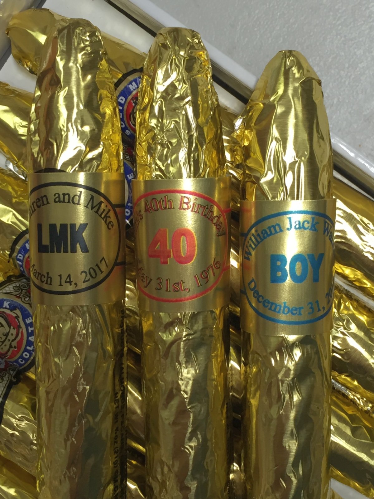 Custom Gold Chocolate Cigars in a Fancy cigar Box of 24 with Personalized Bands
