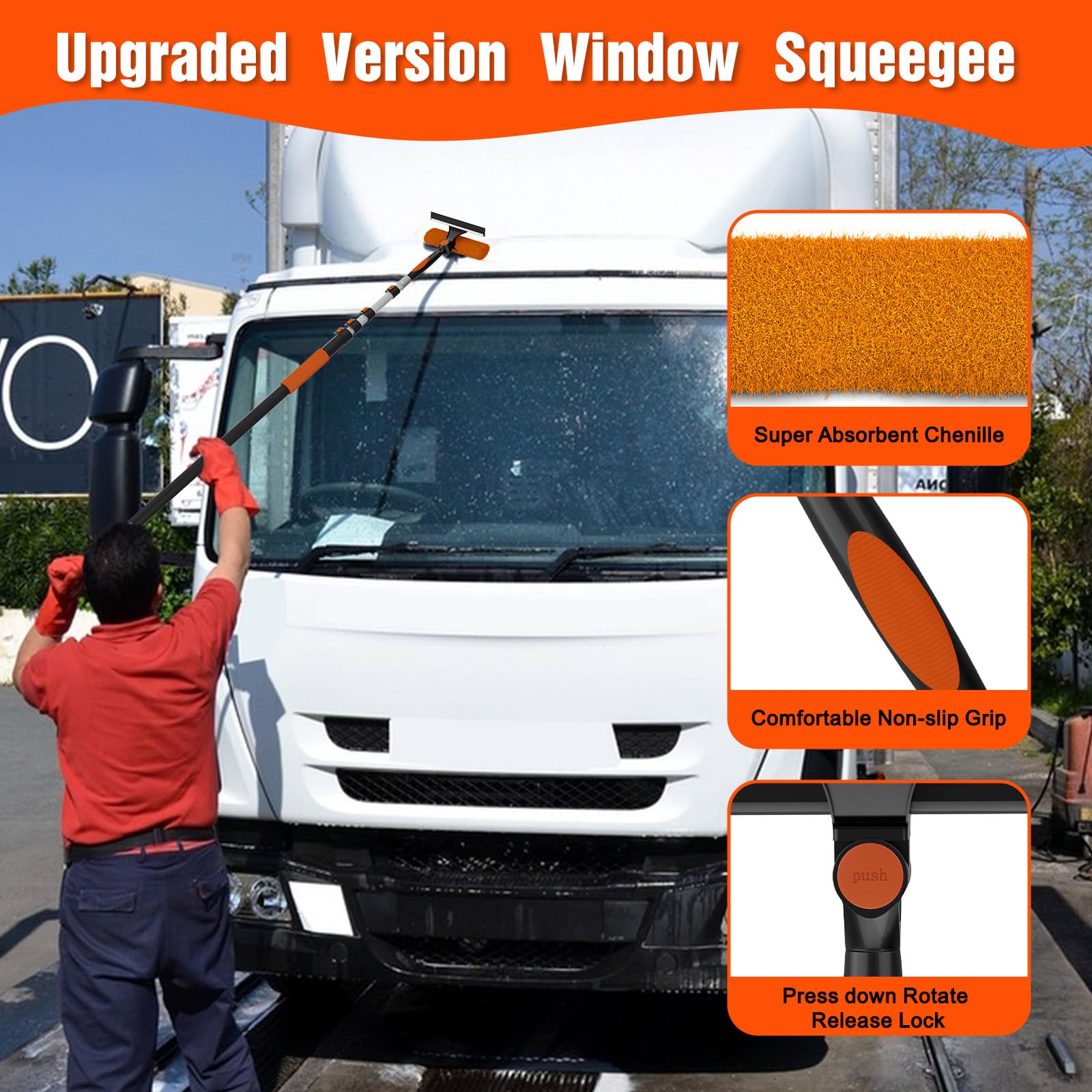 25FT Reach Window Squeegee Kit with Extension Pole, 2-in-1 Professional Washer for High Windows, 5-20FT Adjustable Reach, Rotatable Head for Indoor