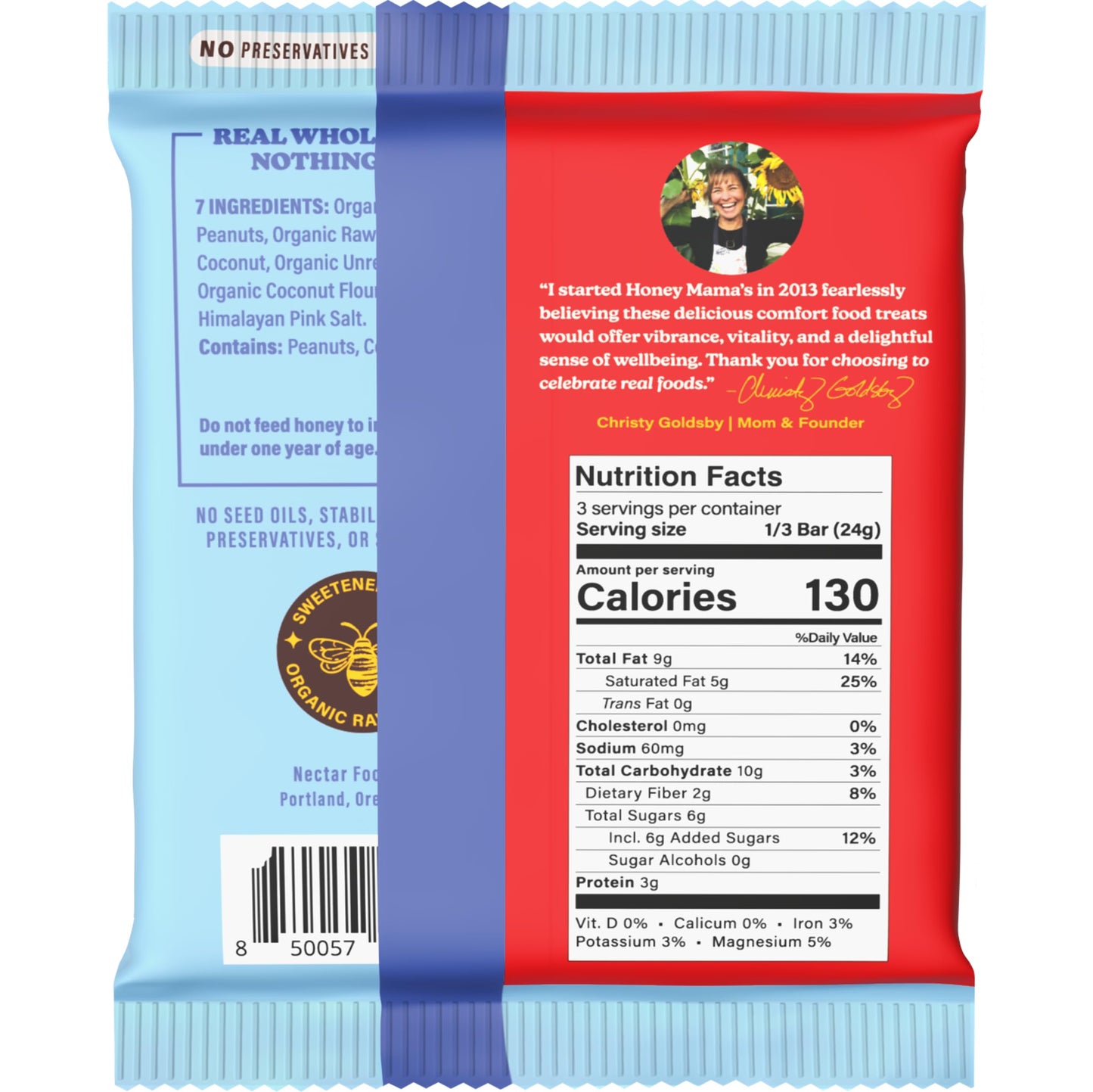Honey Mama's, Peanut Butter Cookie Peanut Fudge Bar, NO Refined Sugar, Gluten Free, Dairy Free, Soy Free, NO Seed Oils, 2.5 Ounce, 3-Serving Bar