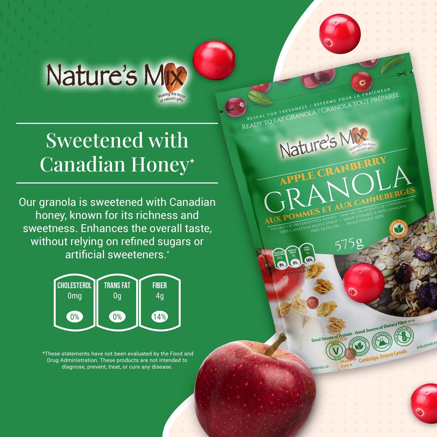 Nature's Mix - Apple Cranberry Granola - Apples, Cranberries and Pumpkin Seeds - No Sugar, Salt, or Preservatives - Kosher, Vegan, Soy-Free - Large