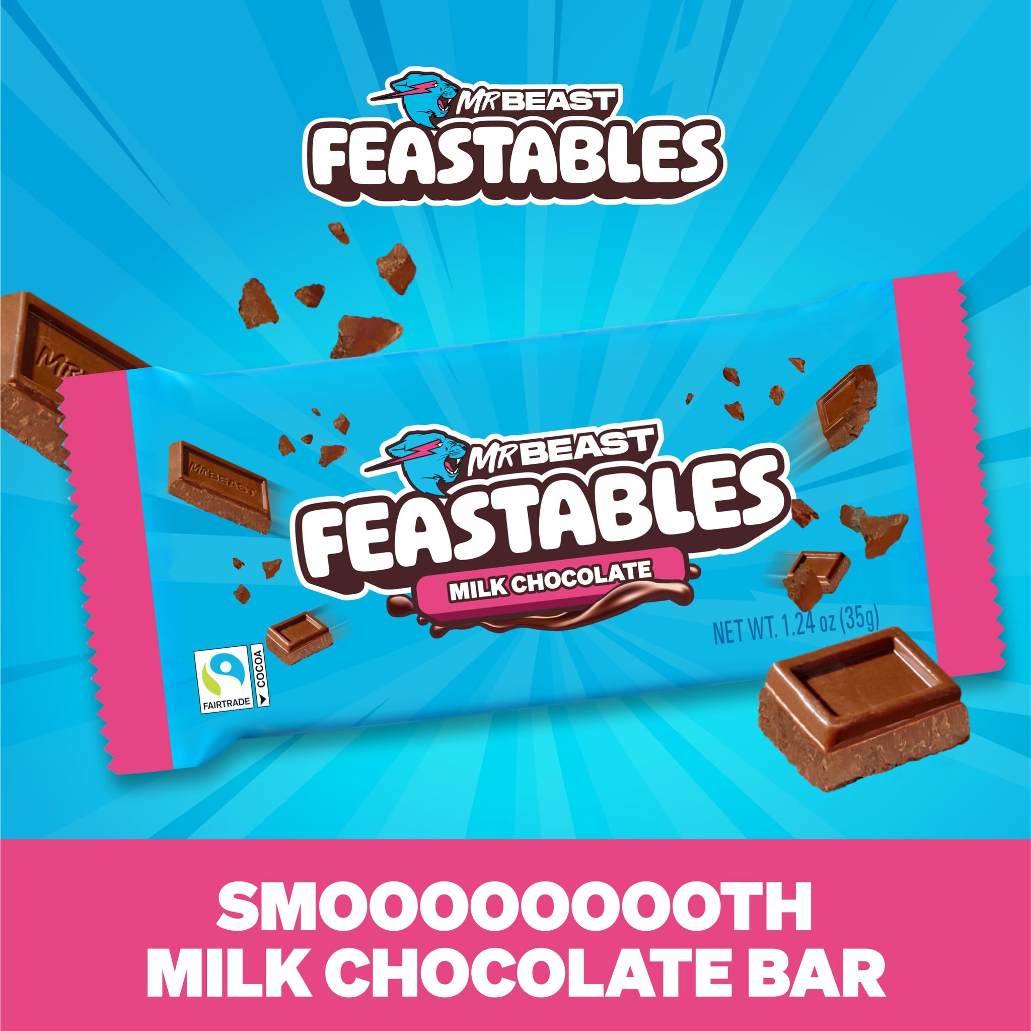 MrBeast Feastables Milk Chocolate Bar, Full Size, 24 Count, Smooth & Creamy Milk Chocolate Candy, Fairtrade Cocoa, 1.24oz Each
