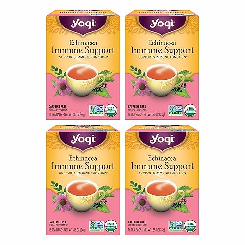 Yogi Tea Echinacea Immune Support Tea - 16 Tea Bags per Pack (4 Packs) - Organic Immunity Support Tea - Includes Peppermint Leaf, Lemongrass, Cinnamon