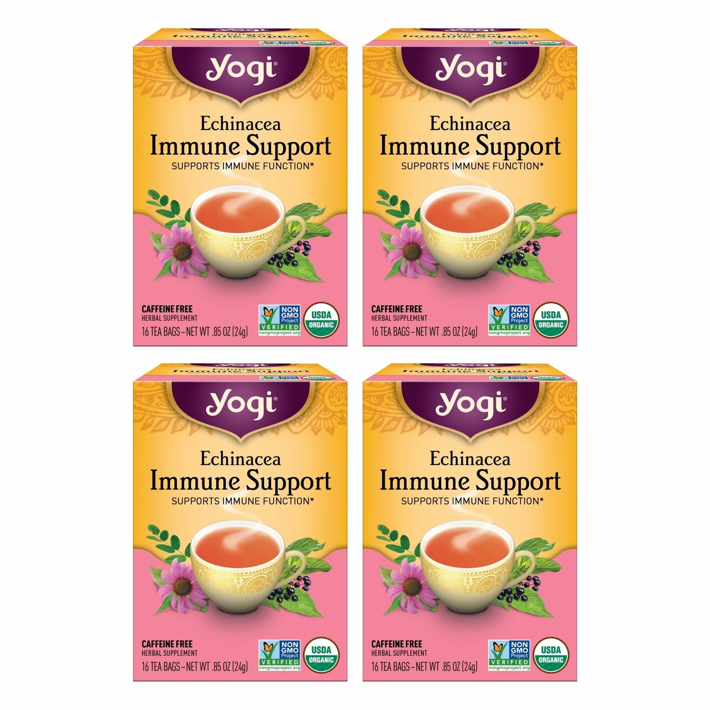 Yogi Tea Echinacea Immune Support Tea - 16 Tea Bags per Pack (4 Packs) - Organic Immunity Support Tea - Includes Peppermint Leaf, Lemongrass, Cinnamon