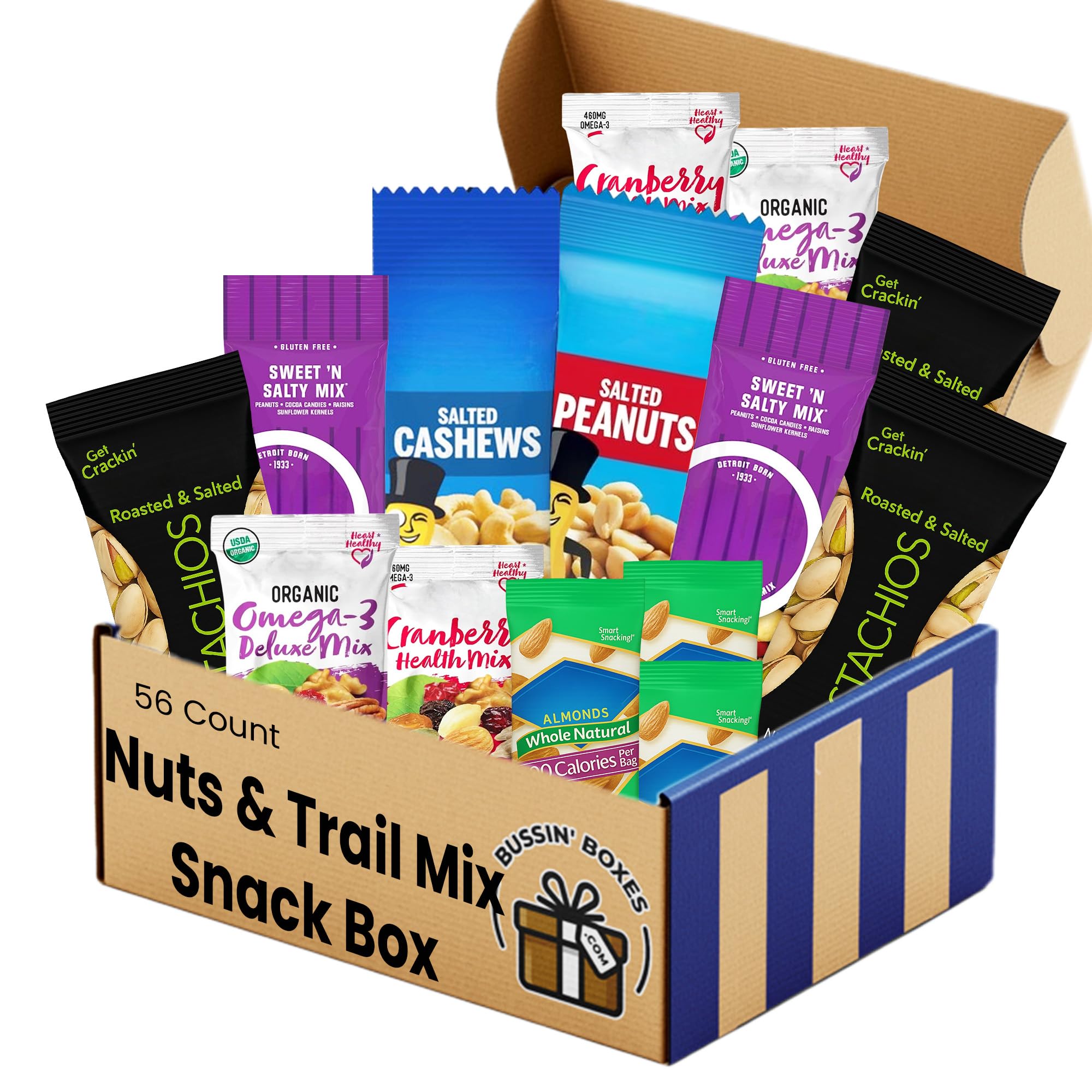 Healthy Nuts & Trail Mix Snack Box - 56 Count Pack of Salted Almonds, Cashews, Peanuts, and Trail Mix - Protein Snacks for Adults - Assembled by