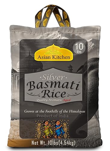 Asian Kitchen Silver White Basmati Rice Extra Long Aged 10lbs (4.54kg) ~ All Natural | Gluten Friendly | Vegan | Indian Origin | Export Quality