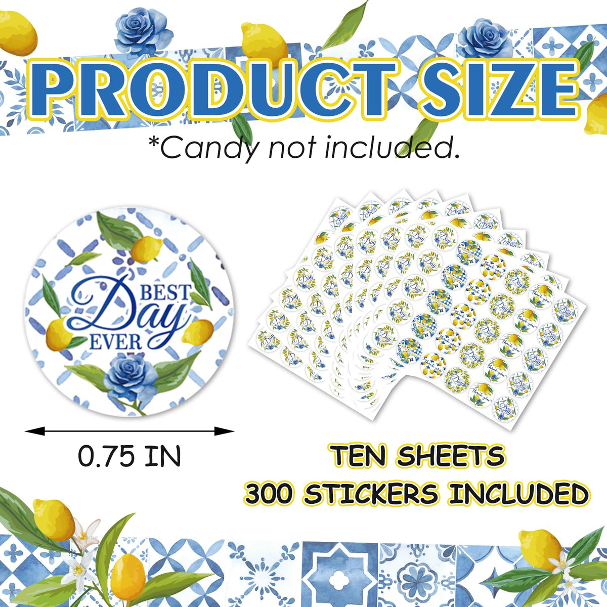 300 Pcs Capri Lemon Wedding Kiss Sticker Labels, Lemon Blue Tiles Round Candy Stickers for Bridal Baby Shower Birthday Party, Summer Italian Style