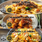 Grumpy Butcher East & West Meals Set, 6 Pack (10-15 oz Each), Frozen Dinner Meals Ready to Eat - Beef Stew, Orange Chicken, Chicken Lo Mein, High