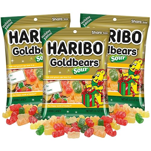 Christmas Haribo Sour Goldbears, Assorted Fruit Flavored Gummy Bears, Holiday Stocking Stuffer Candy, 4 Ounces (Pack of 3)