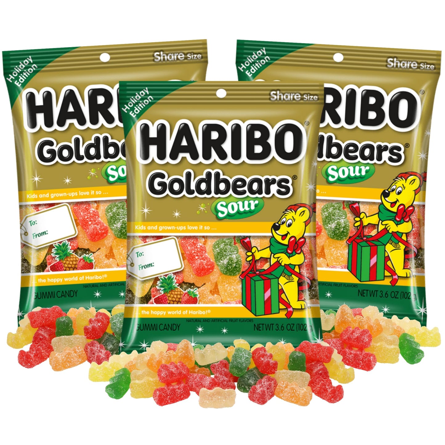 Christmas Haribo Sour Goldbears, Assorted Fruit Flavored Gummy Bears, Holiday Stocking Stuffer Candy, 4 Ounces (Pack of 3)