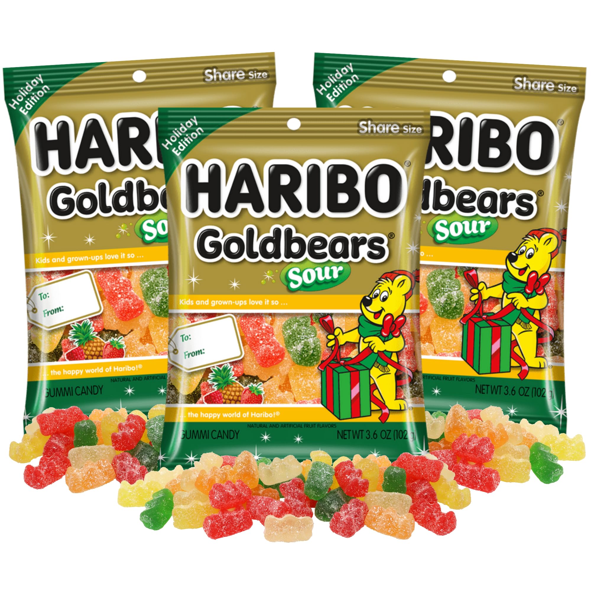 Christmas Haribo Sour Goldbears, Assorted Fruit Flavored Gummy Bears, Holiday Stocking Stuffer Candy, 4 Ounces (Pack of 3)