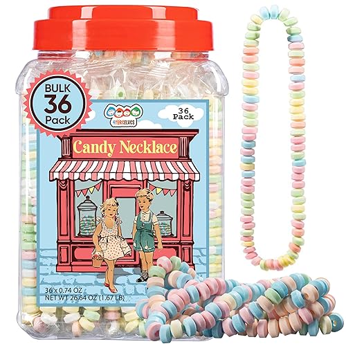 36 Candy Necklaces Individually Wrapped, Choker Style Nostalgic Pastel Candy Jewelry Perfect for Party Favors, Pinata Fillers and Goodie Bags, Packed