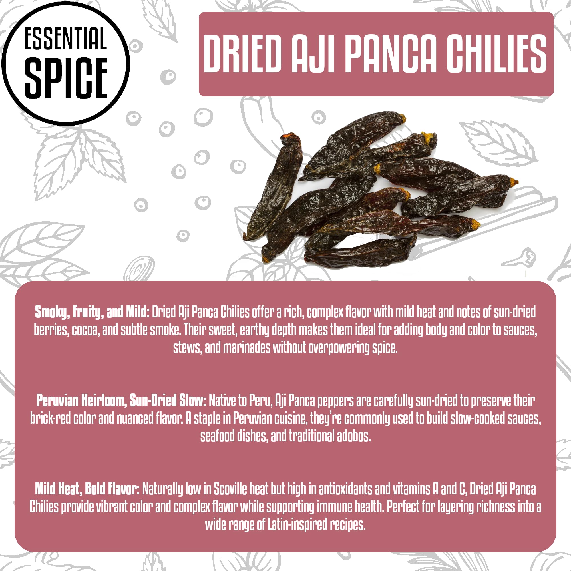 Essential Spice Dried Aji Panca Chilies - Mild Heat with Deep Fruity, Smoky Flavor - Whole Dried Peruvian Chilies for Stews, Sauces, Marinades