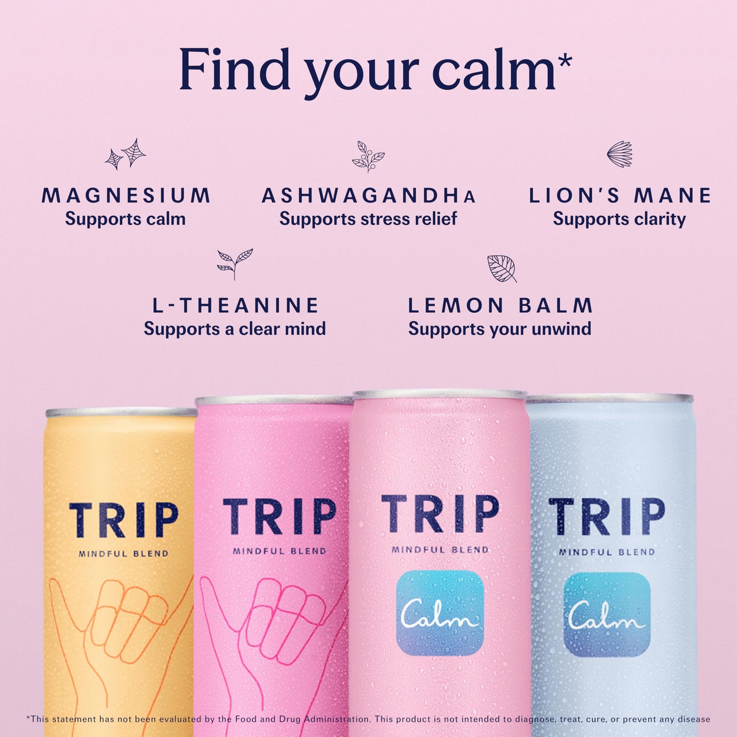 Trip Mindful Blend, Lightly Sparkling Adaptogen Seltzer, Mocktail w/ 120mg Magnesium Citrate with Ashwagandha, Lions Mane & L Theanine, No Added