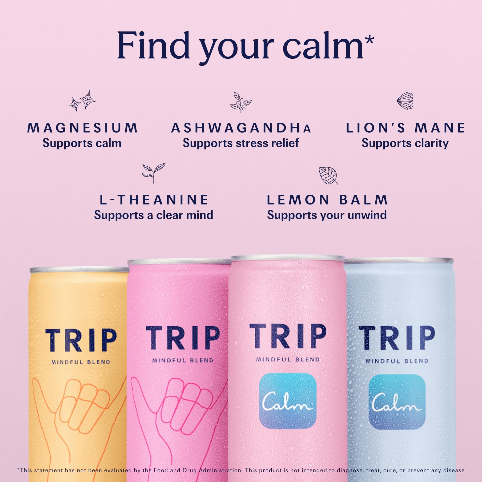 Trip Mindful Blend, Lightly Sparkling Adaptogen Seltzer, Mocktail w/ 120mg Magnesium Citrate with Ashwagandha, Lions Mane & L Theanine, No Added