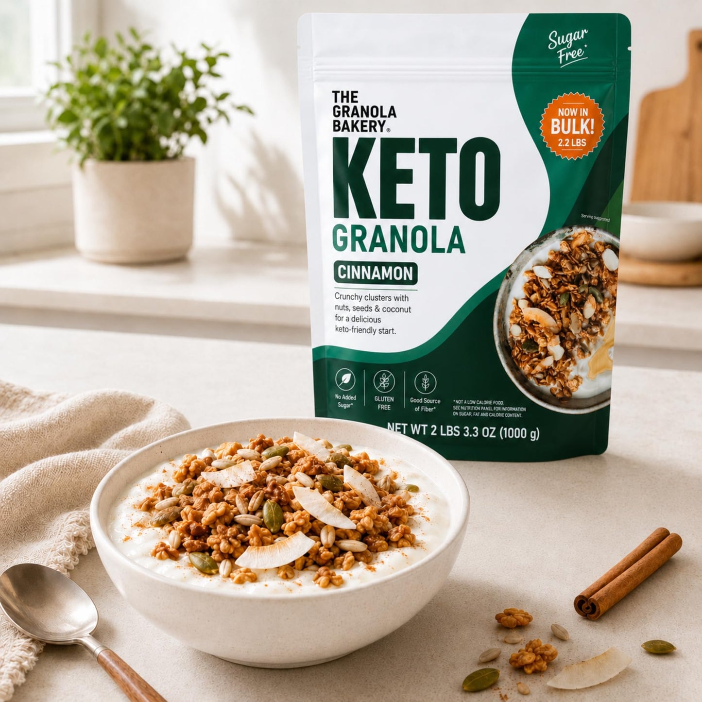 TGB Keto Granola, Cinnamon, No Added Sugar, Gluten Free, Good Source of Fiber, Low Carb Cereal & Snack, Keto Friendly, 2.2lb Resealable Bag